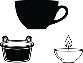 Three kitchenware objects including a cup and bowls