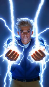 Concentrated superhero summoning electricity, generating powerful energy blasts