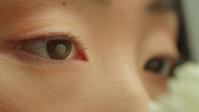 Close up female dark black Asian eyes Korean girl unrecognizable woman model look at beautiful white flower iris eye medicine health treatment lenses eyesight looking vision long eyelashes cosmetic