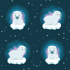 Cute polar bear cubs on the icebergs with aurora and constellations. Seamless pattern, print, wrapping. Vector illustration. © Jellicle