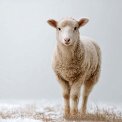 Fototapeta premium A charming fluffy sheep stands in a serene winter landscape. The soft fur and bright eyes of the sheep capture the essence of innocence. Perfect for nature lovers and farm themes. AI