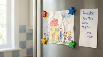 Child's colorful house drawing and handwritten reminder note on kitchen fridge with star magnets