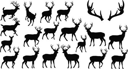 Deer silhouette set, wild buck with antlers vector collection, cad drawing flat vector illustration, forest animal reindeer and elk icons © Mehedi