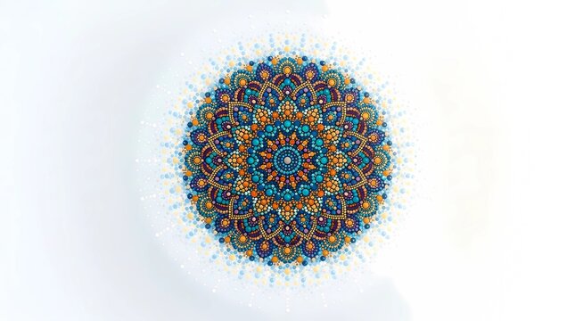 Intricate hand-painted dot mandala with vibrant colors on a white background