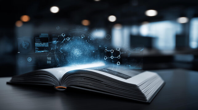 Glowing digital book with an AI data interface overlay showing future education and advanced technology concept, defocused background, digital learning knowledge concept, with