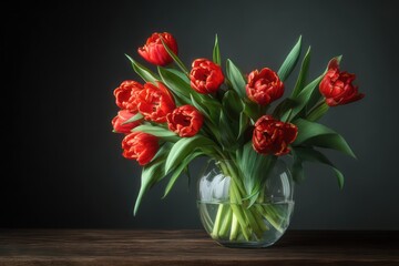 Fototapeta premium Bouquet of red tulips in a vase