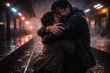 Passionate Couple Embracing in Rain on Urban Street at Night