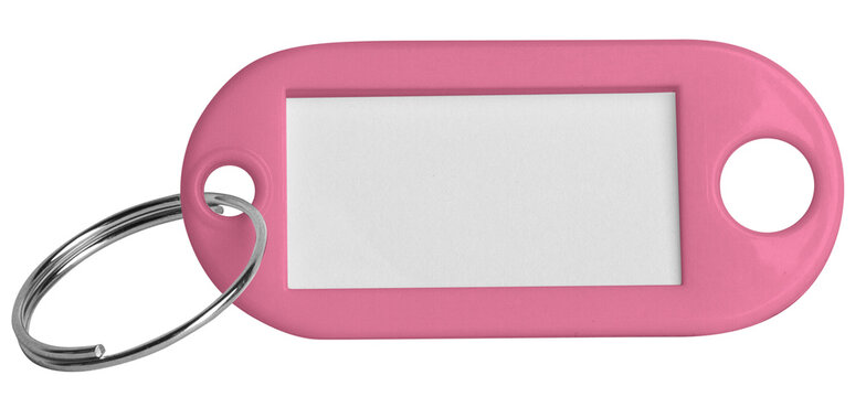 Pink Plastic Key Tag on Empty Background.