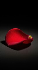 Delicate single rose petal resting on a seamless matte black surface, emphasized by dramatic studio lighting and deep shadow, velvet, smooth, studio