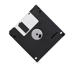 Black 3.5-inch floppy disk isolated on white background, retro tech.