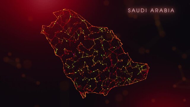 A dynamic motion video showcasing the Saudi Arabia country border through a colorful plexus reveal. Glowing red and orange dots represent high-tech data communication and global digital networks.