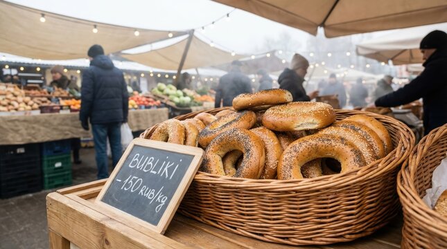 Outdoor market with bubliki display in wicker basket, fresh produce and people in warm clothing, overcast day atmosphere