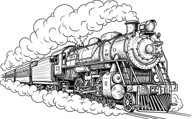 Vintage steam locomotive train engraving style vector illustration with smoke and steam on tracks for travel history and classic transportation © Raihan