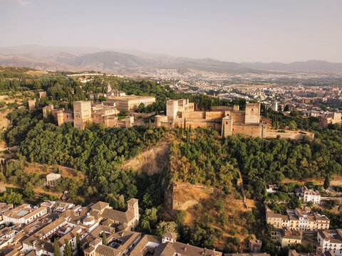 Aerial view of the golden-hued Alhambra palace and fortress complex rising above a sea of green trees, contrasting with the city beyond, Granada, Andalusia, Spain.