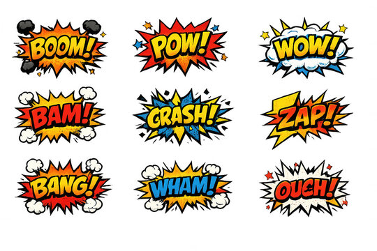 Comic sound effect word collection PNG boom pow zap bang crash speech bubbles transparent cut out set