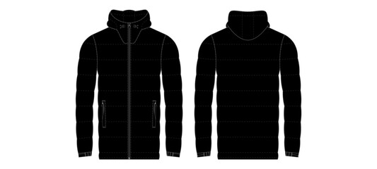 Black Hooded Puffer Jacket Front and Back View Vector Template © Toor graphic