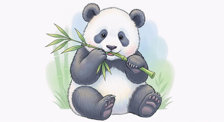 Obraz premium A delightful and whimsical hand-drawn illustration of a fluffy baby panda peacefully enjoying a fresh bamboo snack, capturing its innocent charm and nature's tranquility