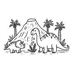 Cute cartoon dinosaur vector illustration with a Brontosaurus and Triceratops in a prehistoric landscape featuring a volcano and palm trees, perfect for children's designs and coloring books. © Zillul Azad