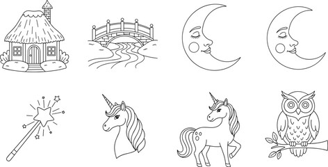 Whimsical collection of hand-drawn fantasy and nature elements for children's illustrations