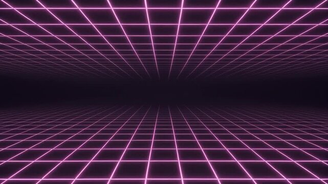 Neon pink grid extends infinitely through a dark digital space, creating a retro-futuristic tunnel effect for abstract virtual reality visuals.