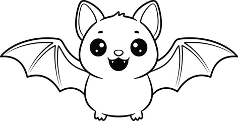 Cute cartoon bat character outline illustration with big eyes and wings, adorable flying animal mascot for coloring book or kids design