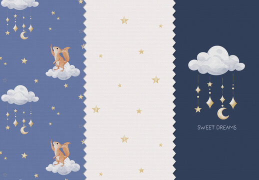 Watercolor night sky seamless pattern set with cute squirrel on clouds, editable psdt template. Moon and stars nursery wallpaper background with isolated illustration element