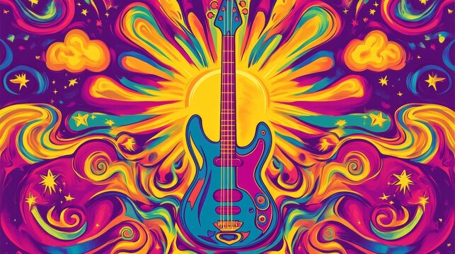 Colorful 1960s psychedelic music festival poster with swirling cosmic patterns, retro shapes vibrant neon palette. Vintage inspired concert artwork for posters, music graphics retro design background