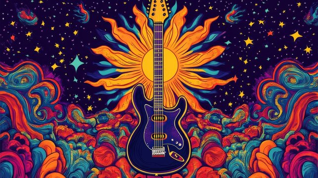 Colorful 1960s psychedelic music festival poster with swirling cosmic patterns, retro shapes vibrant neon palette. Vintage inspired concert artwork for posters, music graphics retro design background