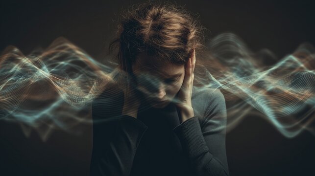 Person holding head with hands amid abstract wave overlay representing intrusive memory, anxiety, trauma response and cognitive behavioral therapy for ptsd treatment.