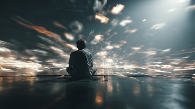Silhouette of a seated person facing diffuse light and floating memory-like fragments, symbolizing isolation, trauma processing and ptsd treatment.