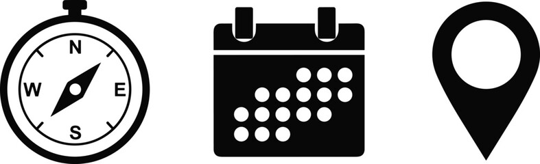 Obraz premium Black icons of compass, calendar, and location pin representing navigation, scheduling, time management, mapping, travel planning, geographic direction, 