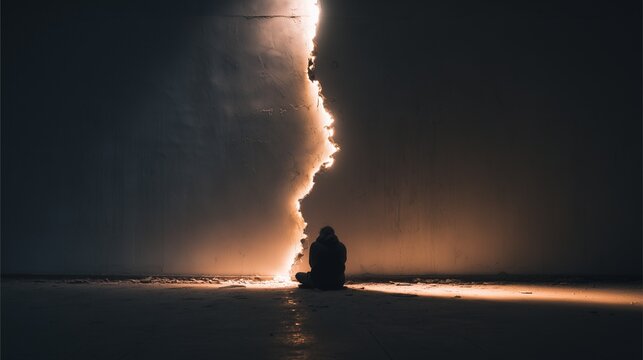 Silhouette of a seated person facing a dramatic light fissure symbolizing isolation, trauma and hopeful breakthrough in ptsd treatment.