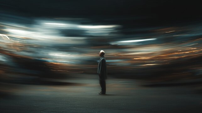 Solitary person standing amid blurred motion suggesting isolation, disorientation, and intrusive memory, evokes ptsd treatment, trauma response, and cognitive behavioral therapy.