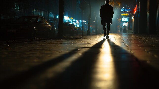 Silhouetted person walking at night casting long shadow on wet street, evokes isolation, trauma, anxiety and nighttime trigger in ptsd treatment context.