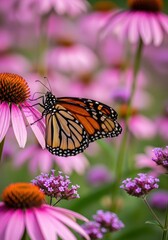 Obraz premium A vibrant monarch butterfly with striking orange and black wings carefully feeds on nectar from bright pink and purple wildflowers in a sunny summer garden, transformation, ecosystem, butterfly