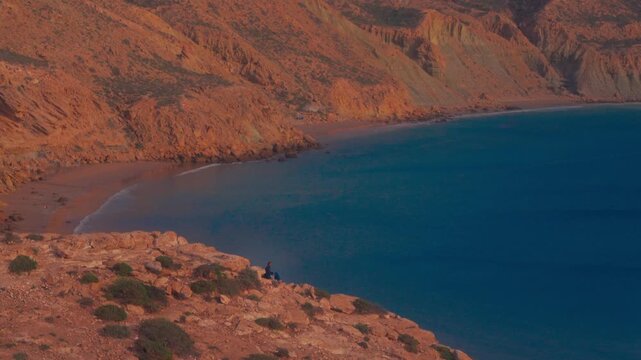 Panorama of Imsouane bay. Sunrise at the beach with surfers in morocco. beautiful lines with waves