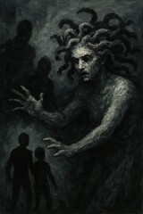 Fototapeta premium Distressed Medusa Gorgon Reaching Out Toward Silhouettes In Dark Painting