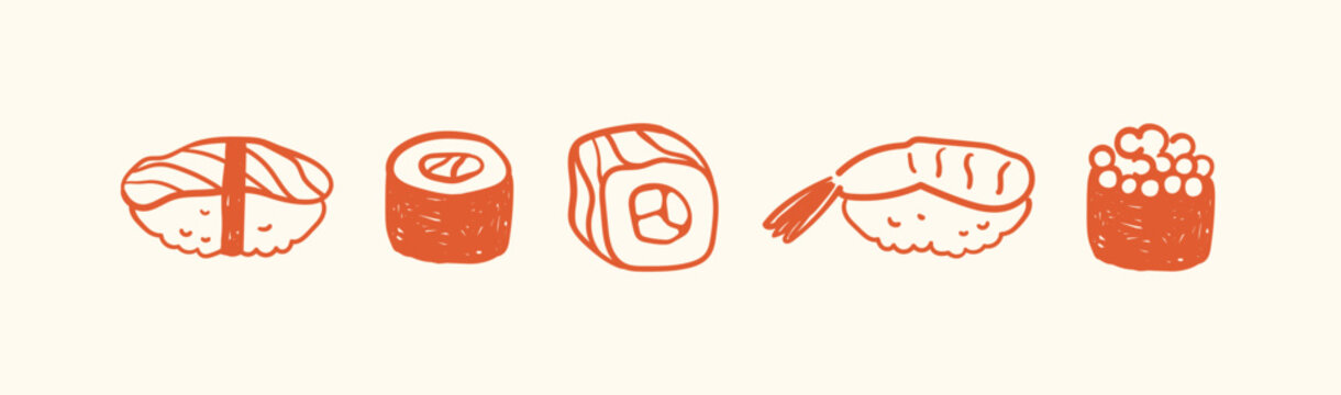 Set of rolls and sushi with salmon, shrimp, and caviar on a white background; traditional Japanese dish, Asian cuisine; drawing, simple cute vector illustration, hand-drawn in a flat style