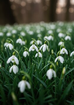 Delicate white snowdrop flowers blooming profusely in a lush green spring meadow field under soft daylight, awakening, purity, plant