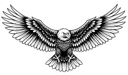 Obraz premium Majestic flying eagle black and white vector illustration detailed wings spread bird emblem design