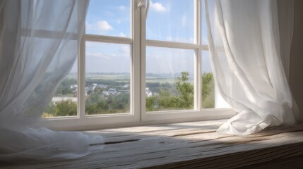 Gentle breeze sheer curtains dancing in the Soft Sunlight". Sheer white curtains blowing through an open window. 