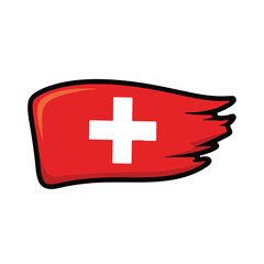 Fototapeta premium Illustration of a red flag with a white cross waving in the wind, symbolizing Switzerland