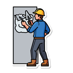 Fototapeta premium Man in hard hat creating illustration on graphic tablet with stylus
