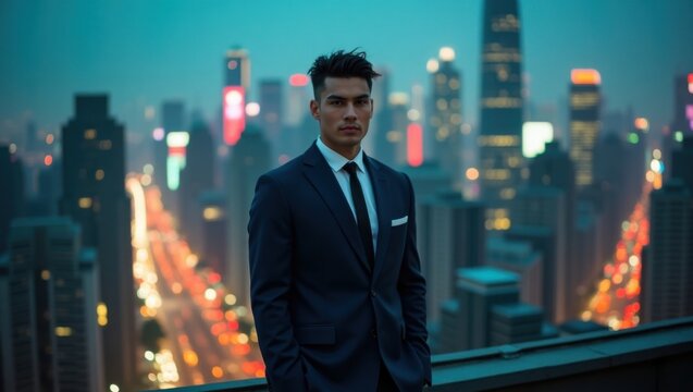 Un hombre elegante con traje de pie con confianza en una azotea poco iluminada