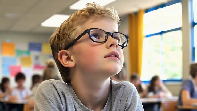 Curious Student in the Classroom: A young boy, wearing glasses, gazes upwards with a thoughtful expression. the classroom setting subtly complements his inquisitive nature, making him the focal point.