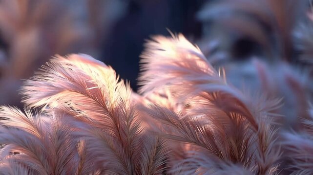 Soft pink and white feathers with a blurred background, illuminated by warm light, creating a serene and natural scene