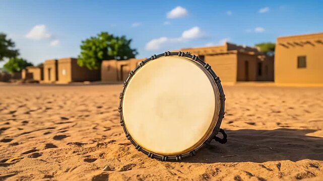 A djembe drum lays in the sand, earthen buildings and trees in the background