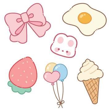 Cute Kawaii Doodle Sticker Set: Bow, Fried Egg, Bunny, Strawberry, Balloons, Ice Cream