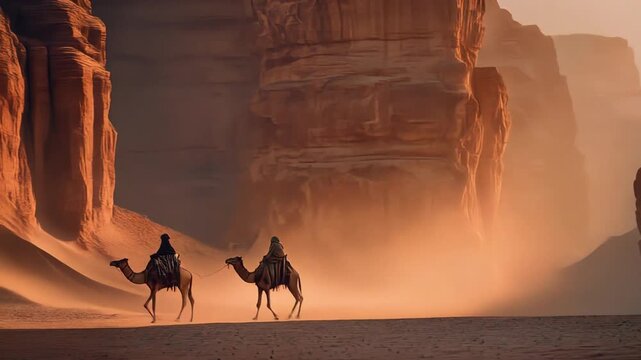 Camel caravan traversing desert landscape under warm sunlight