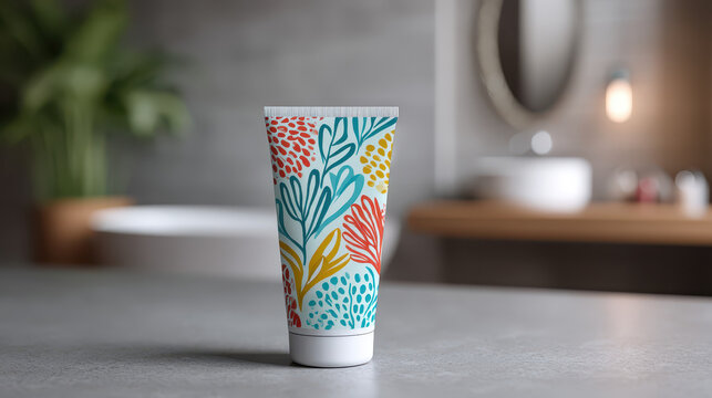 Vibrant Toothpaste Tube Mockup on Bathroom Counter